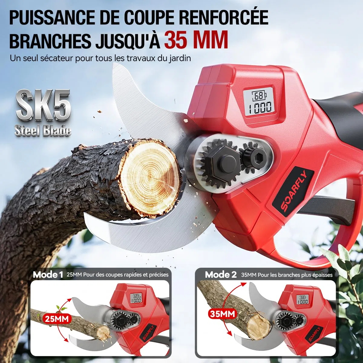 SOARFLY Sécateur Électrique Sans Fil, Sécateur Électrique, Akku Gartenschere 35 mm, 450W Brushless Motor, 2 x 21V Akku, SK5 Stahlklinge, LCD Anzeige, Für Obstbäume Gartenpflanzen Reben, Rouge