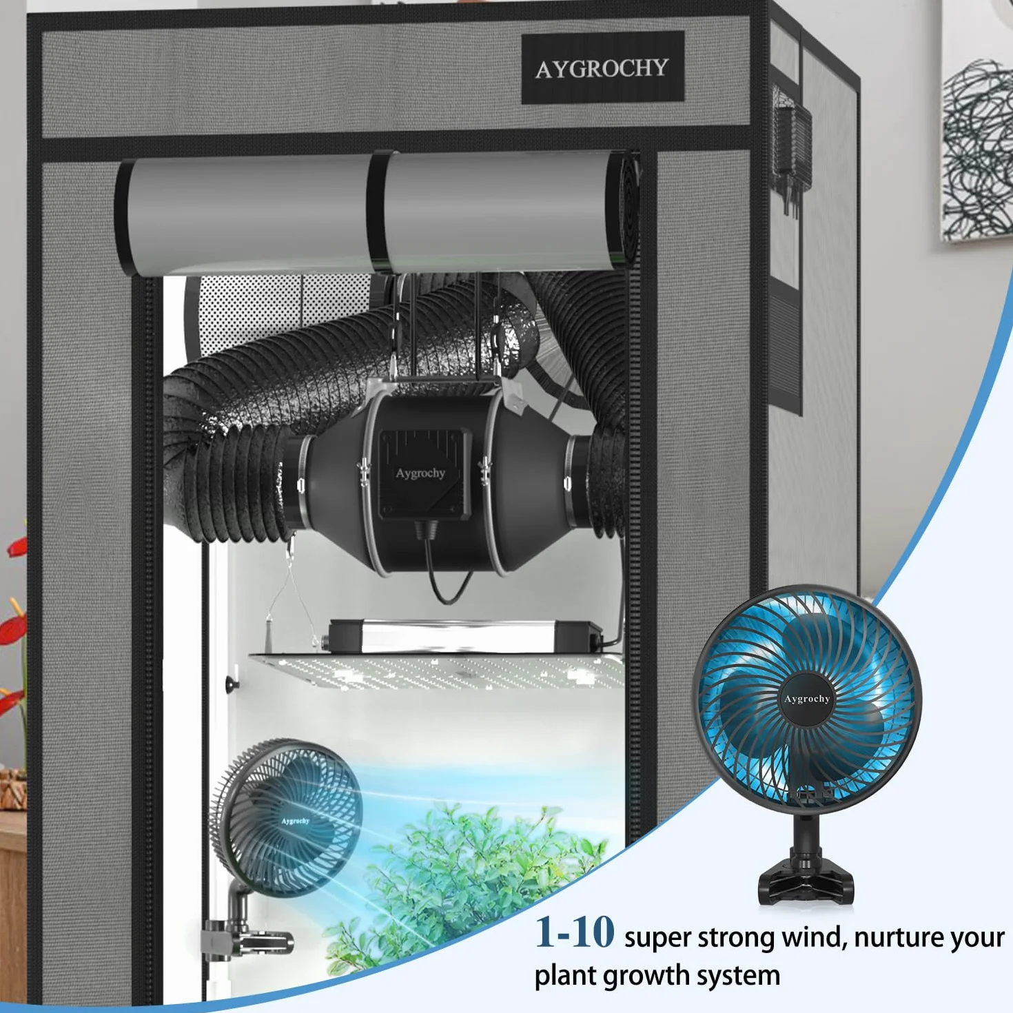 Aygrochy Grow Ventilateur, 10 vitesses, Moteur EC, IP-44, Protection oscillante, Ventilateur à Clip pour Rideau 10 W, Clip Fan Grow Tent