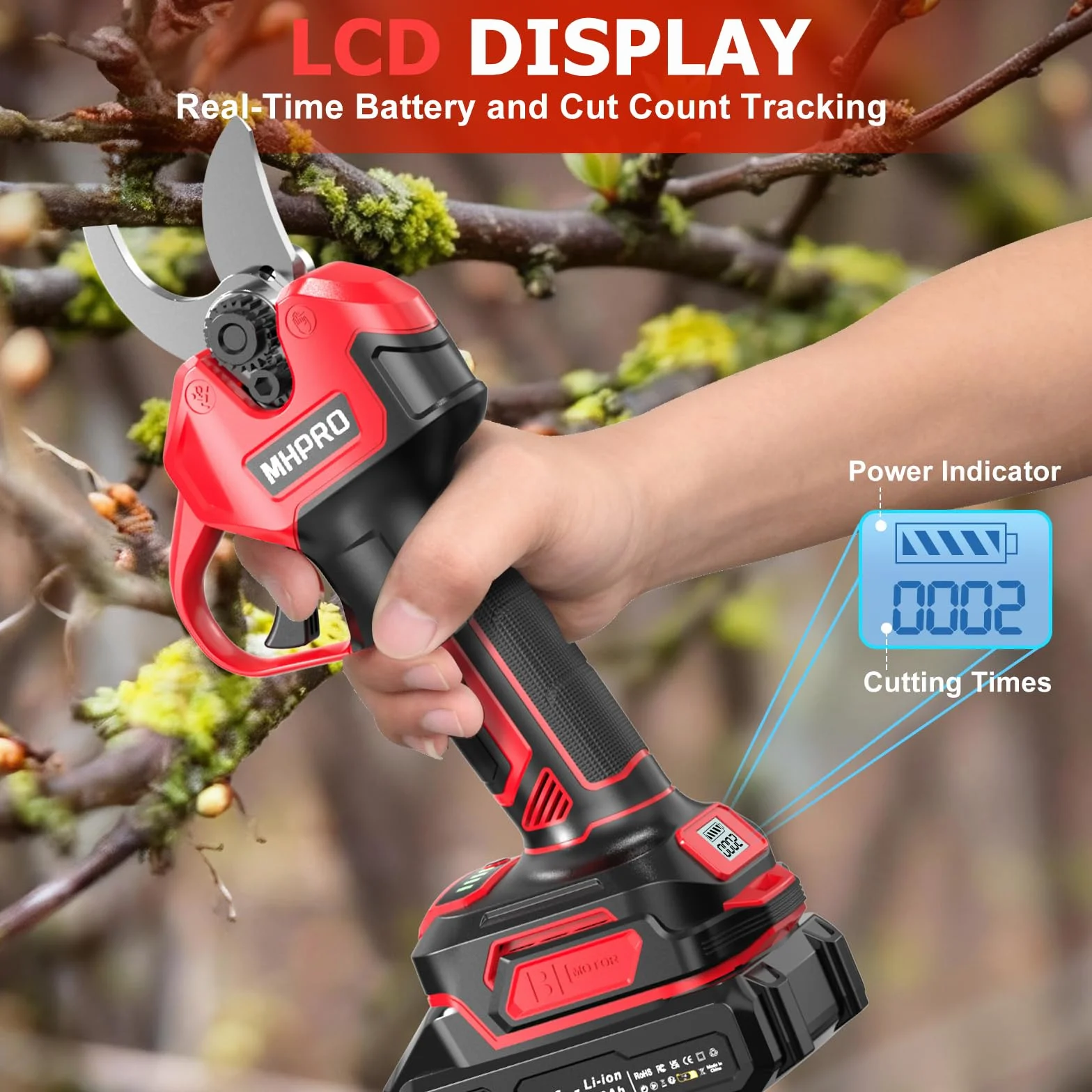 Sécateur Électrique Sans fil, MHPRO 30mm Secateur Electrique avec 2 Batteries de 2000mAh et Écran LCD, Secateur a Batterie Moteur Sans Balais Pour la Taille, Le Jardinage, Les Arbres Fruitiers.