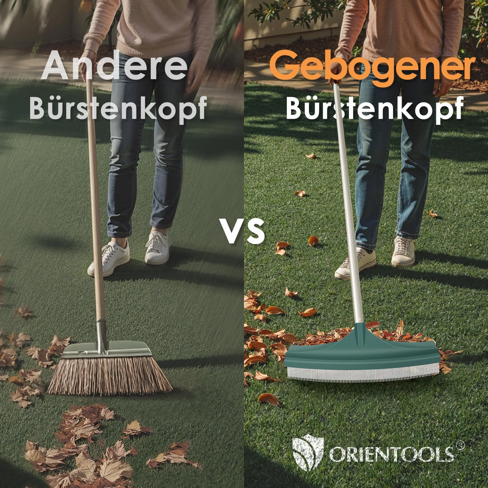 ORIENTOOLS Brosse à gazon artificiel, râteau incurvé pour gazon artificiel avec poignée en acier réglable de 80 à 134 cm, faux râteau avec brosse PA pour pelouses et ramasser les feuilles