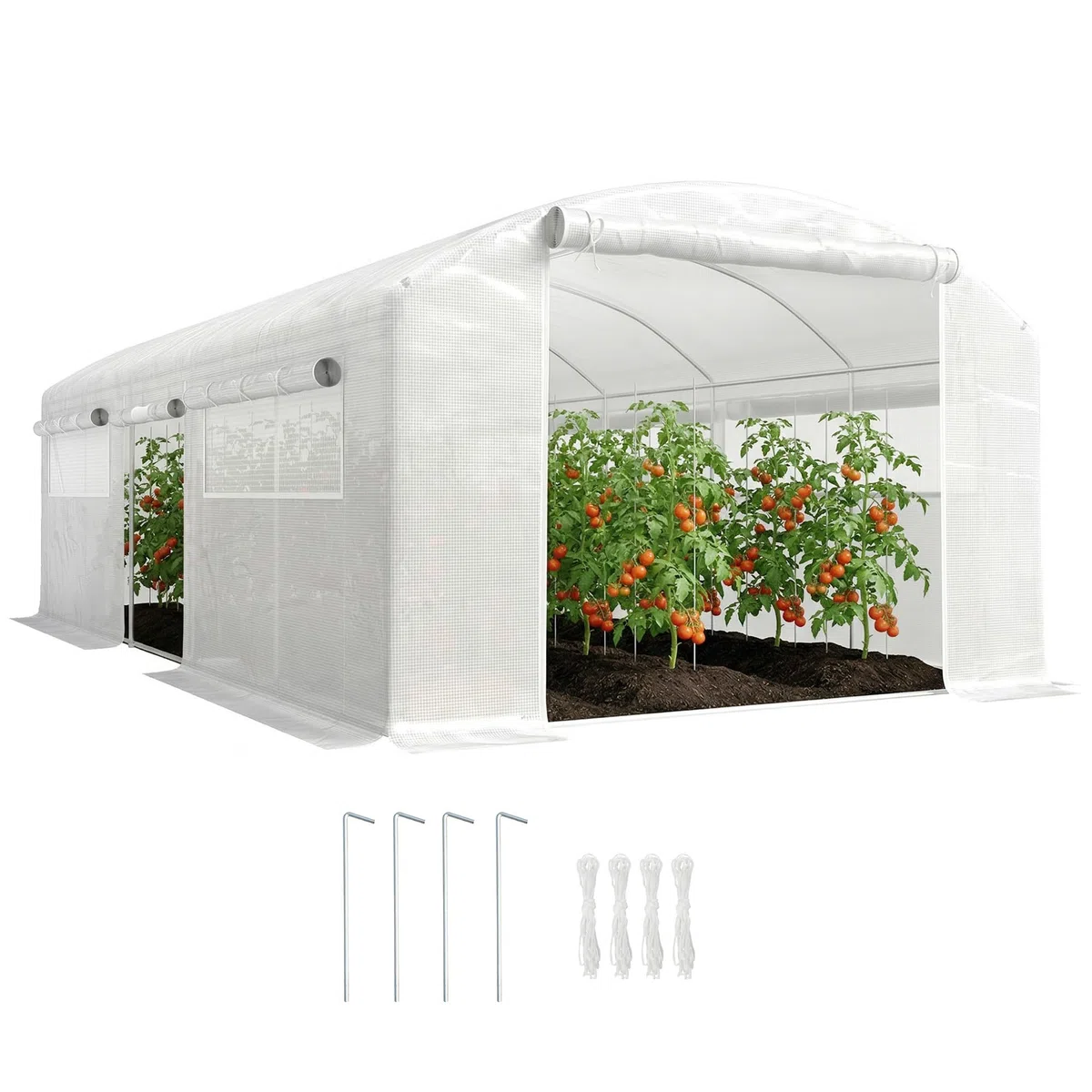 Outsunny Serre d'extérieur 6 x 3 x 2 m, Serre Tunnel avec 3 Portes enroulables, fenêtres en Filet, Couverture PE 140 g/m² Anti-UV et Cadre en Acier galvanisé, pour Cultures, Plantes, Blanc
