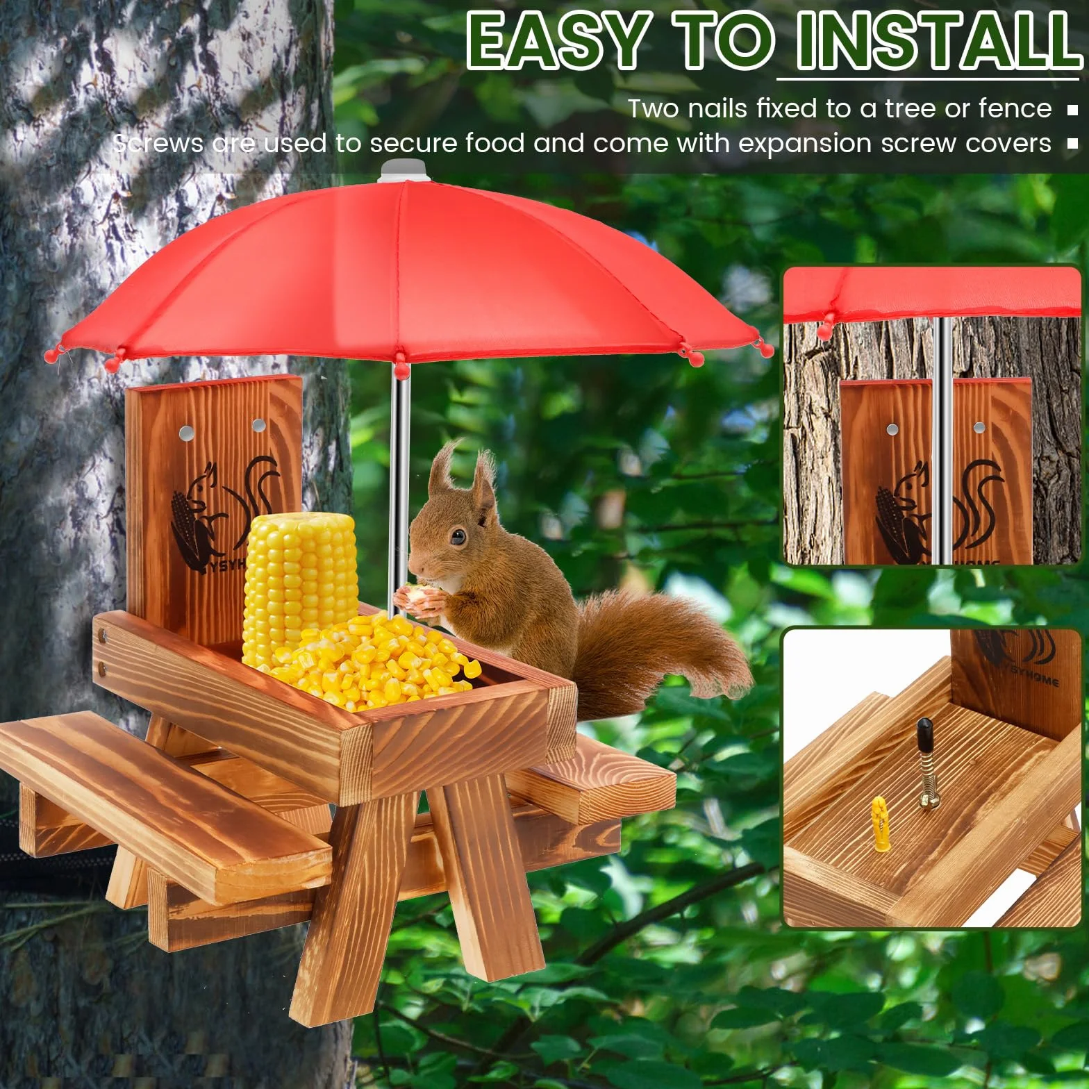 Mangeoire à écureuil en Bois avec Parapluie, Table de Pique-Nique Extérieur Solide