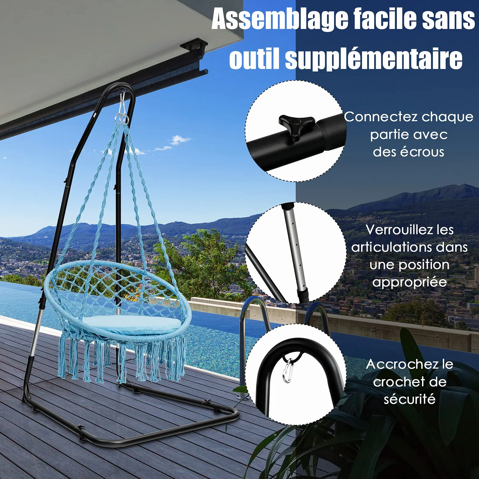 COSTWAY Support pour Fauteuil Suspendu 195-235cm Cadre en Acier avec Crochet de Sécurité Pieds Antidérapants Fixations Verrouillable sans Hamac pour Chambre Véranda Cour Noir