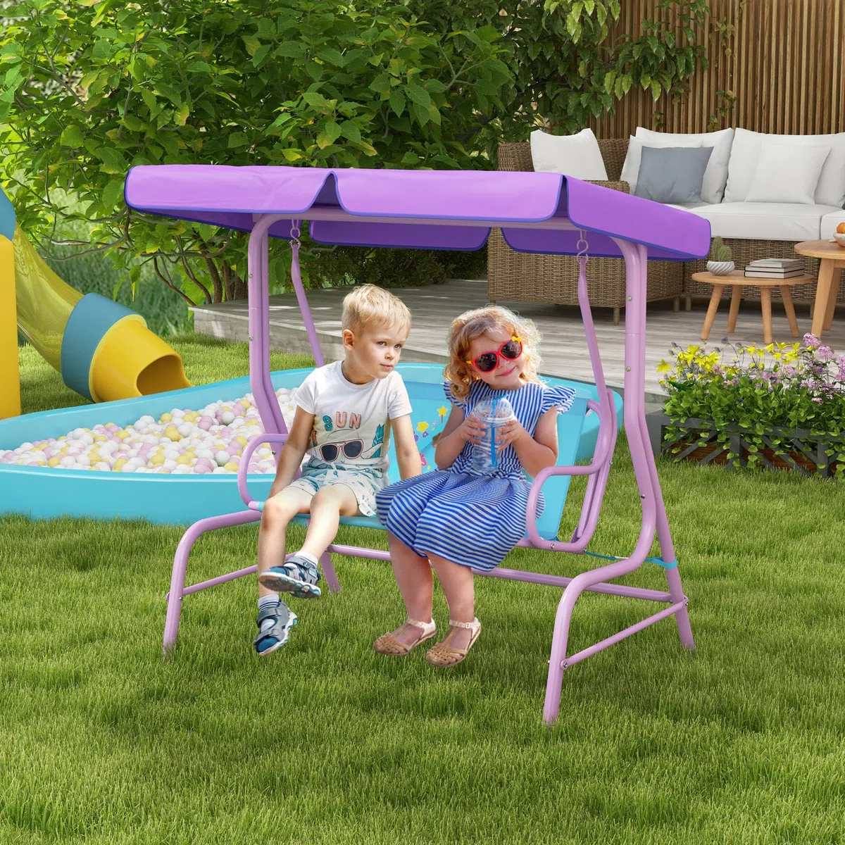 Outsunny Balançoire 2 places pour enfants avec auvent réglable, banc de jardin double sur le thème des fées avec ceintures de sécurité pour patio, parc, porche, pour enfants de 3 à 6 ans, couleur
