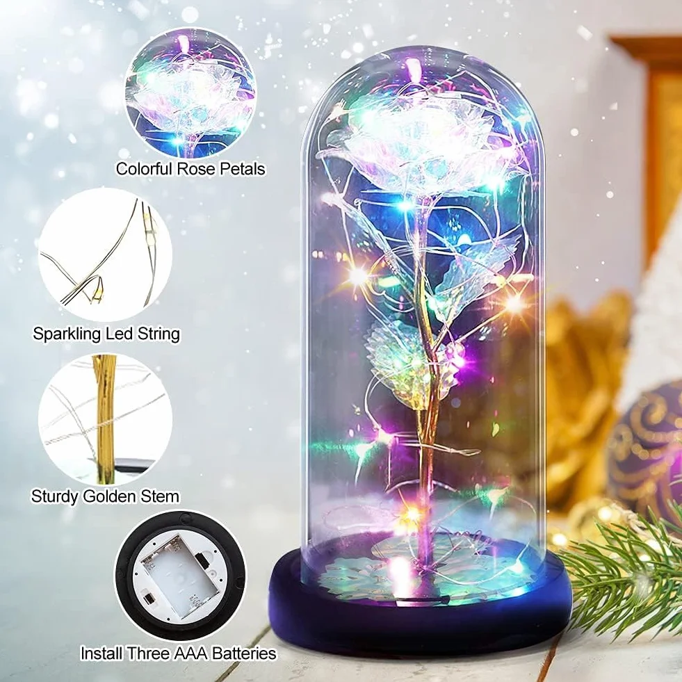 Rose Éternelle sous Cloche avec Lumière LED Cadeau Femme Saint Valentin Galaxie Lumineuses