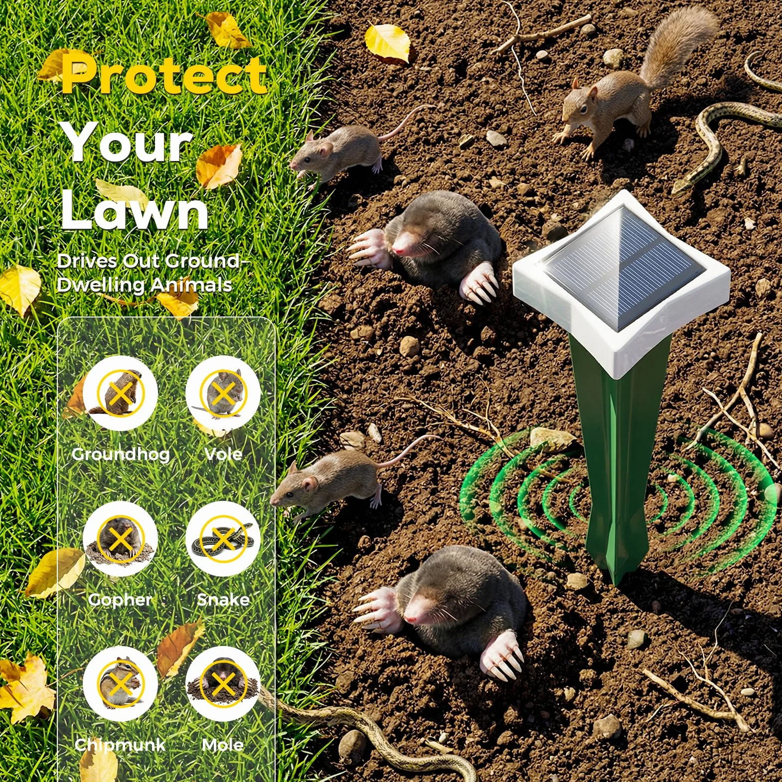 Anti Taupe Solaire avec LED et 3 Modes, 2/4 pièce Piege A Taupe pour Jardin, Large portée et Protection Contre l'eau Repulsifs Ultrasons pour Taupes, Rats, Serpents