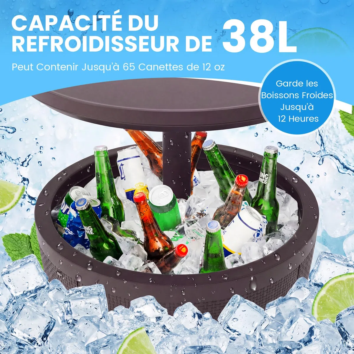 COSTWAY Table Glacière 38L 2 en 1 avec Plateau Relevable, Seau à Glace d'Extérieur avec Bouchon de Vidange, Ø 49 x 59/84 cm Marron