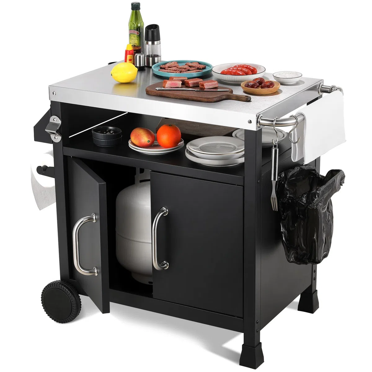 LIFERUN Chariot de Barbecue en Acier Inoxydable,Table de Barbecue avec Crochets, 2 roulettes et Armoire, Desserte Extérieure 3 Niveaux Plateau de Table INOX, Chariot BBQ pour Terrasse et Four à Pizza