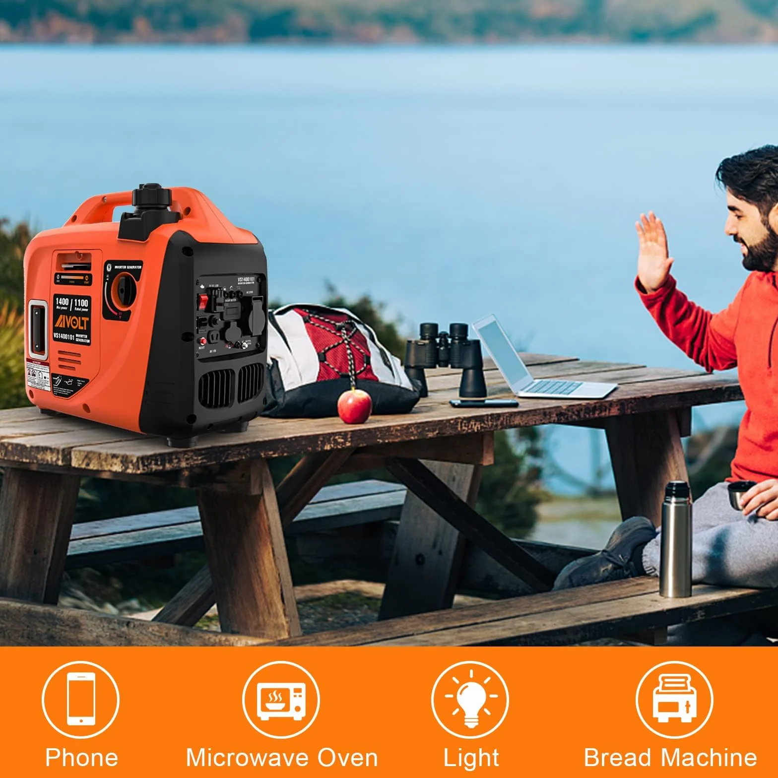 AIVOLT Groupe Électrogène d'essence 1400W Générateur d'onduleur Silencieux avec Prises AC 230V/DC 12V/USB Type-A et Réservoir de 2,5 L Générateur Léger Portable pour Camping Extérieur