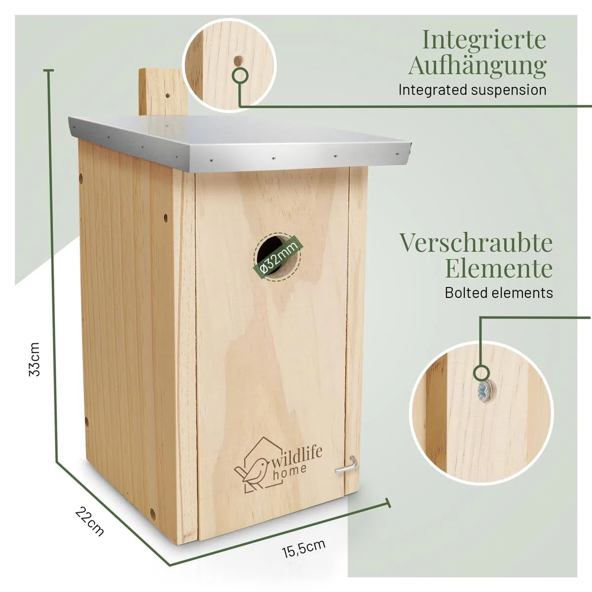 WILDLIFE HOME Nichoir mésanges avec toit en métal pour mésanges charbonnières, etc. I selon NABU en bois massif vissé I Résistant aux intempéries et non traité I Nichoir à suspendre