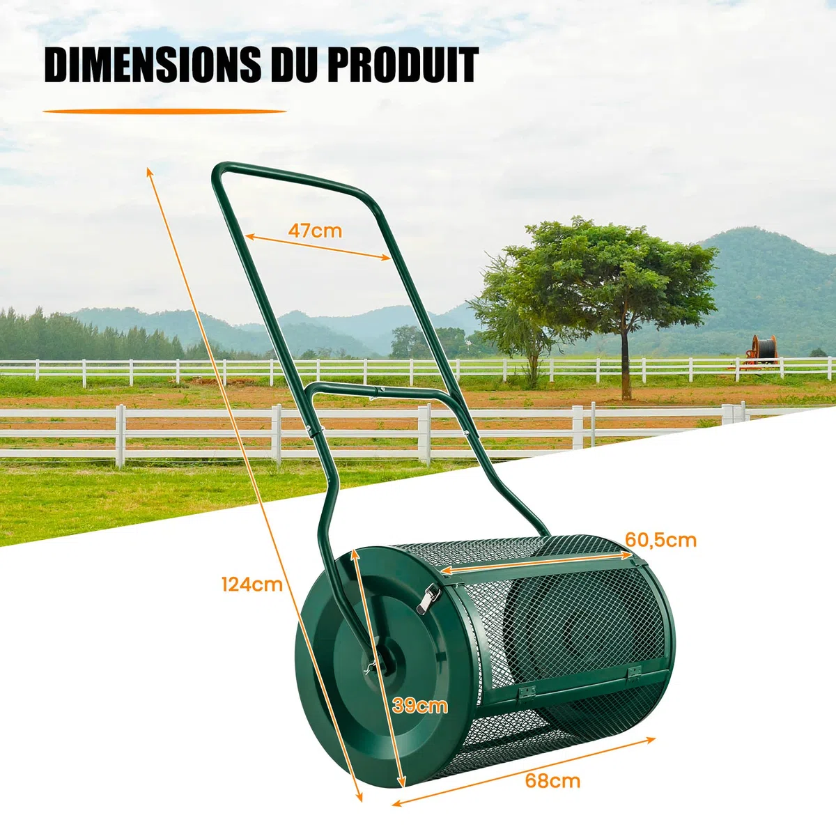 COSTWAY Épandeur à Compost de 60,5 cm Rouleau en Treillis Métallique, Épandeur de Gazon 75 L avec Poignée en Forme de ‘U’ Loquets Latéraux, pour Entretien du Jardin et Pelouse, Vert