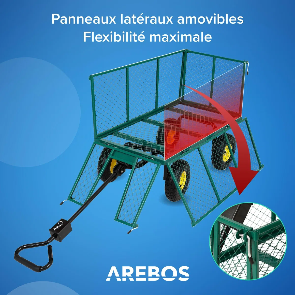 Arebos Chariot à Bras | Chariot de Jardin | avec pneus profilés | Charge Max. 550kg | Pliable | Vert | bâche Amovible | poignée et Timon Inclus | Chariot Plate-Forme
