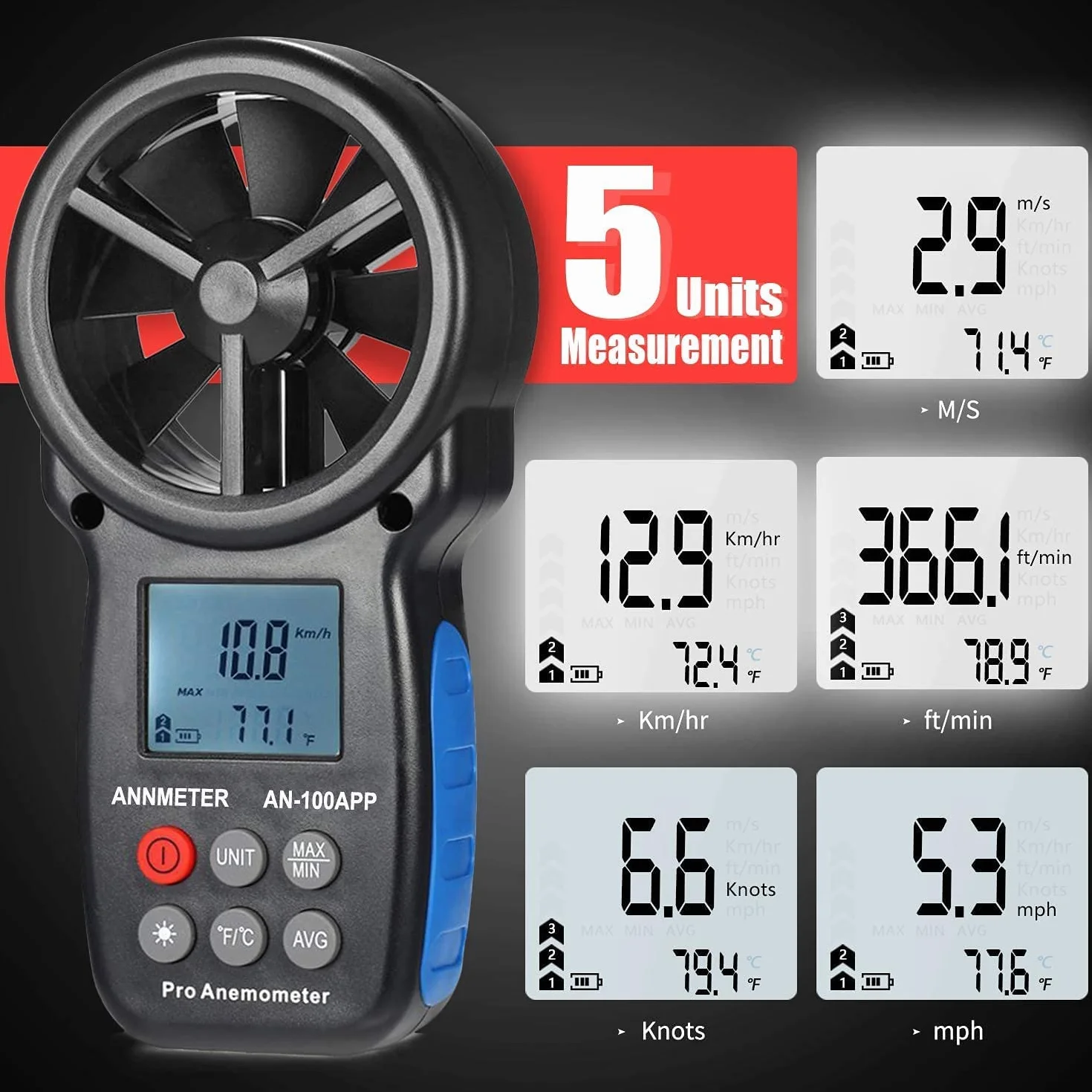 Anémomètre Enregistreur Bluetooth Compteur de Vent Vitesse, AIOMEST Anemometre Portable Connecté Mesureur Vitesse du Vent 30m/s et Température, Pour HVAC/CVC,VMC, Drone et Vents Conduits