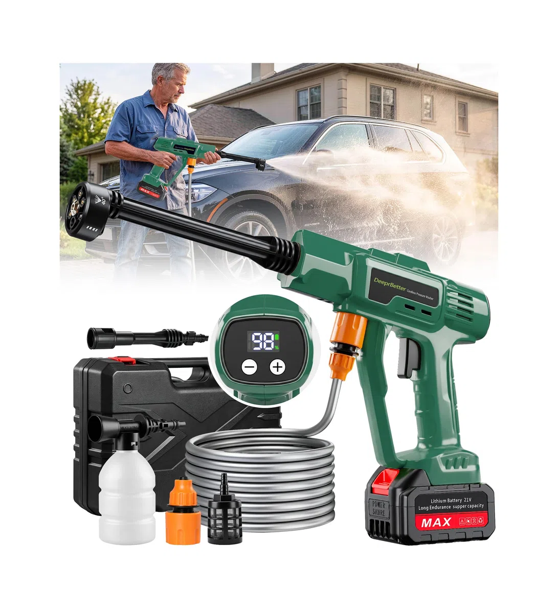DeeprBetter Nettoyeur Haute Pression sans Fil, 600PSI Nettoyeur Haute Pression sur Batterie Rechargeable avec Buse Réglable 6-en-1, Pistolet Hautes Pressions sans Fil à 3 Vitesses réglables - Vert