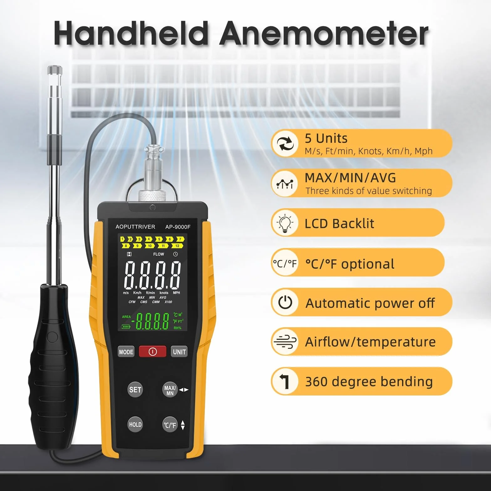 Anémomètre Portable, Anémomètre à fil Chaud pour CVC Avec Vitesse du Vent et Vitesse du Flux D'air 0,1-30 m/s CFM/CMM Débit D'air 0-999900 MAX/MIN/AVG Température et Rétroéclairage écran LCD AP-9000F