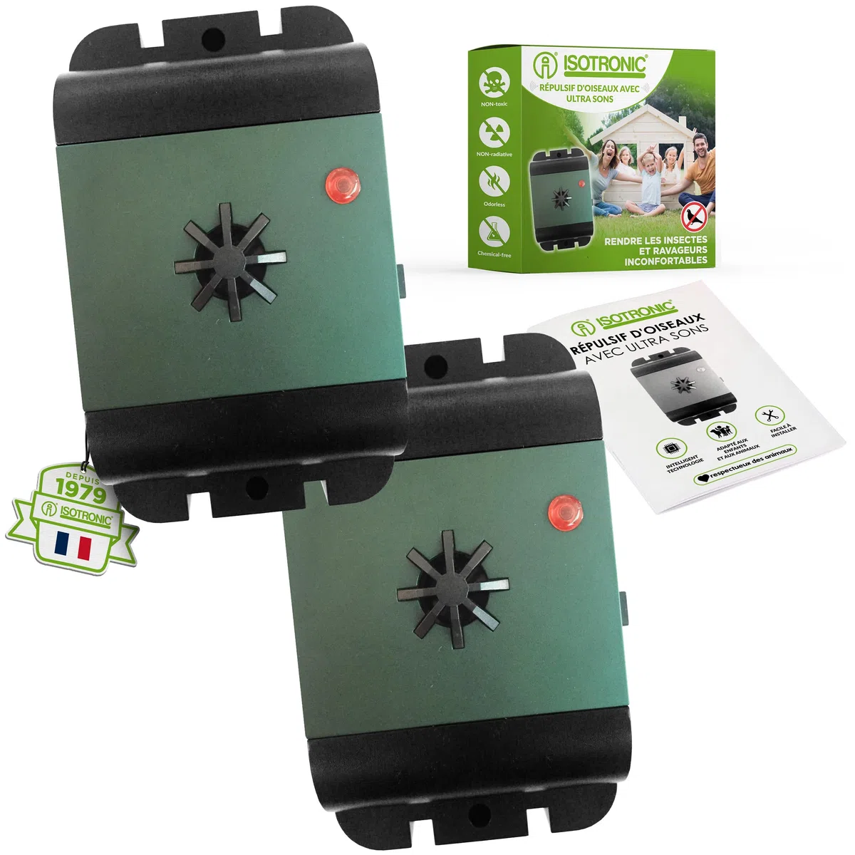 ISOTRONIC Répulsif ultrasons Oiseaux et Pigeons – À Piles pour Balcon, Toit et Jardin – Éloigne moineaux, goélands et Corbeaux – Portée 40 m² – Lot de 2 unités pour Une Protection Efficace et Mobile