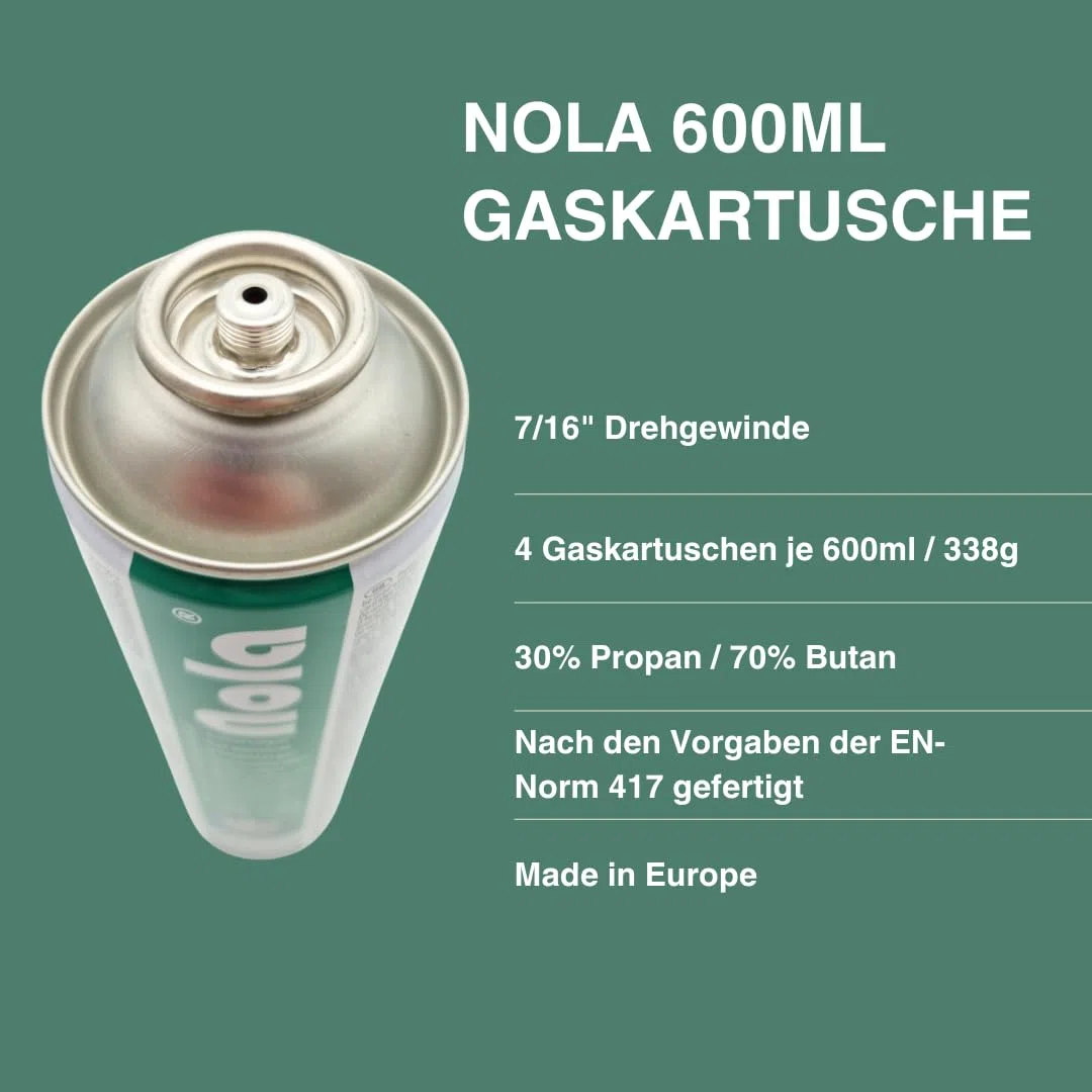 NOLA Lot de 4 cartouches de gaz universelles de 600 ml (338 g) – 70 % butane / 30 % propane – Valve à vis EN417 – Gaz de camping pour désherbeur, chalumeau, réchaud à gaz, barbecue à gaz et