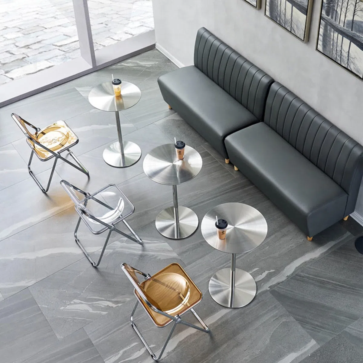 Table de bar ronde avec plateau en acier inoxydable argenté et base robuste, grande table ronde pour bar à cocktails, pub, café, thé, salle à manger, bistro, table d'extérieur/table d'appoint/patio, b