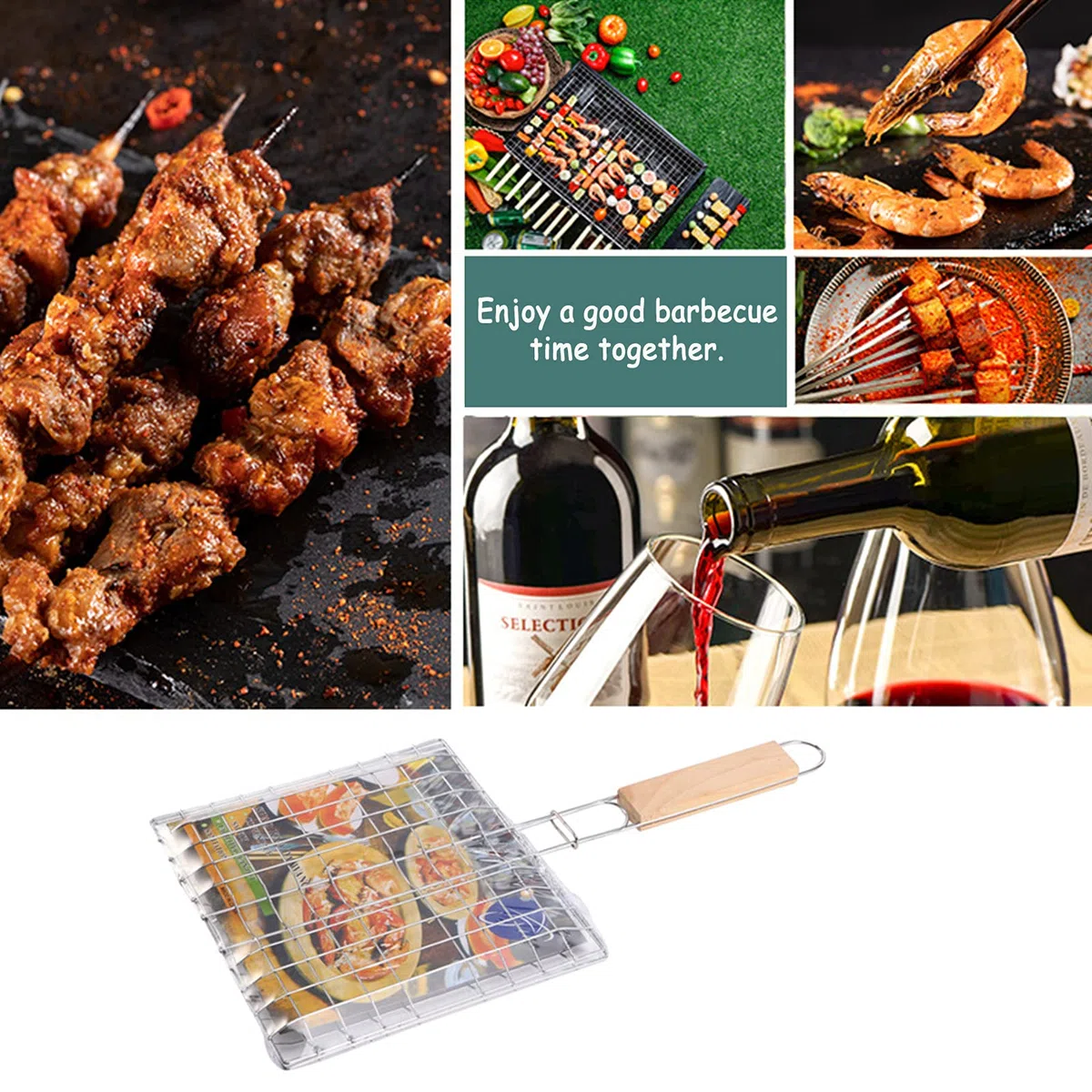 Grille de Barbecue Portable Pliable avec Poignée en Bois pour Poisson 2 Pièces