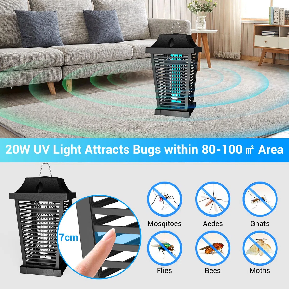 Lampe Anti Moustique 4500V 20W Extérieur, UV Tue Mouche Electrique Intérieur, Professionnel Anti Moustique Étanche Imperméable avec Agent d’Attraction pour Chambre Patio Jardin, Efficace Portée 100m²