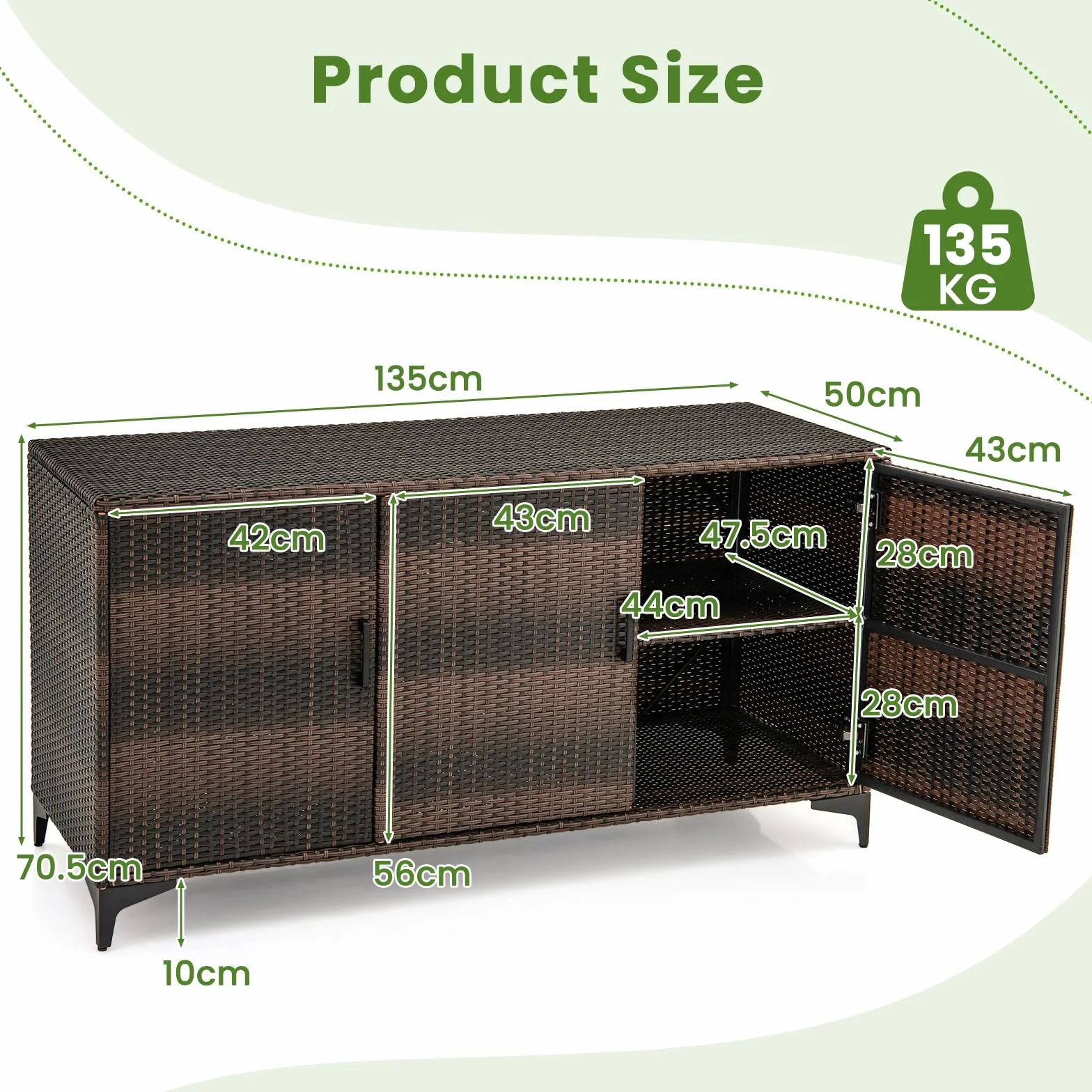 GIANTEX Armoire de jardin en rotin Wicker avec 3 portes et étagères amovibles, armoire d'extérieur imperméable pour coussins, jeux de piscine, outils de jardinage (marron)