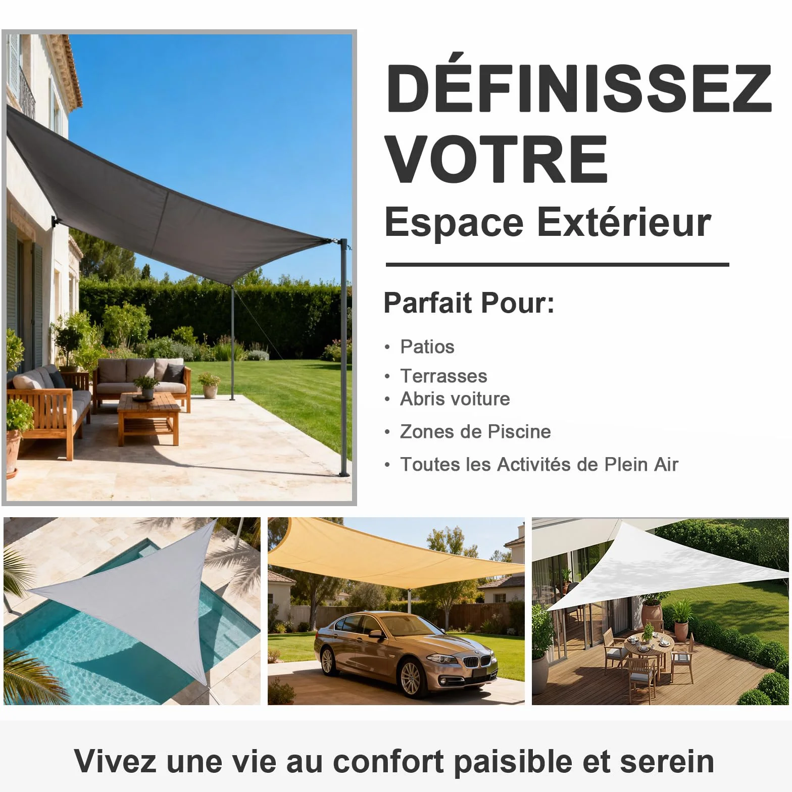 Voile d'ombrage Triangulaire Imperméable 3x3x3m 160 g/m² Protection UV 95% Beige