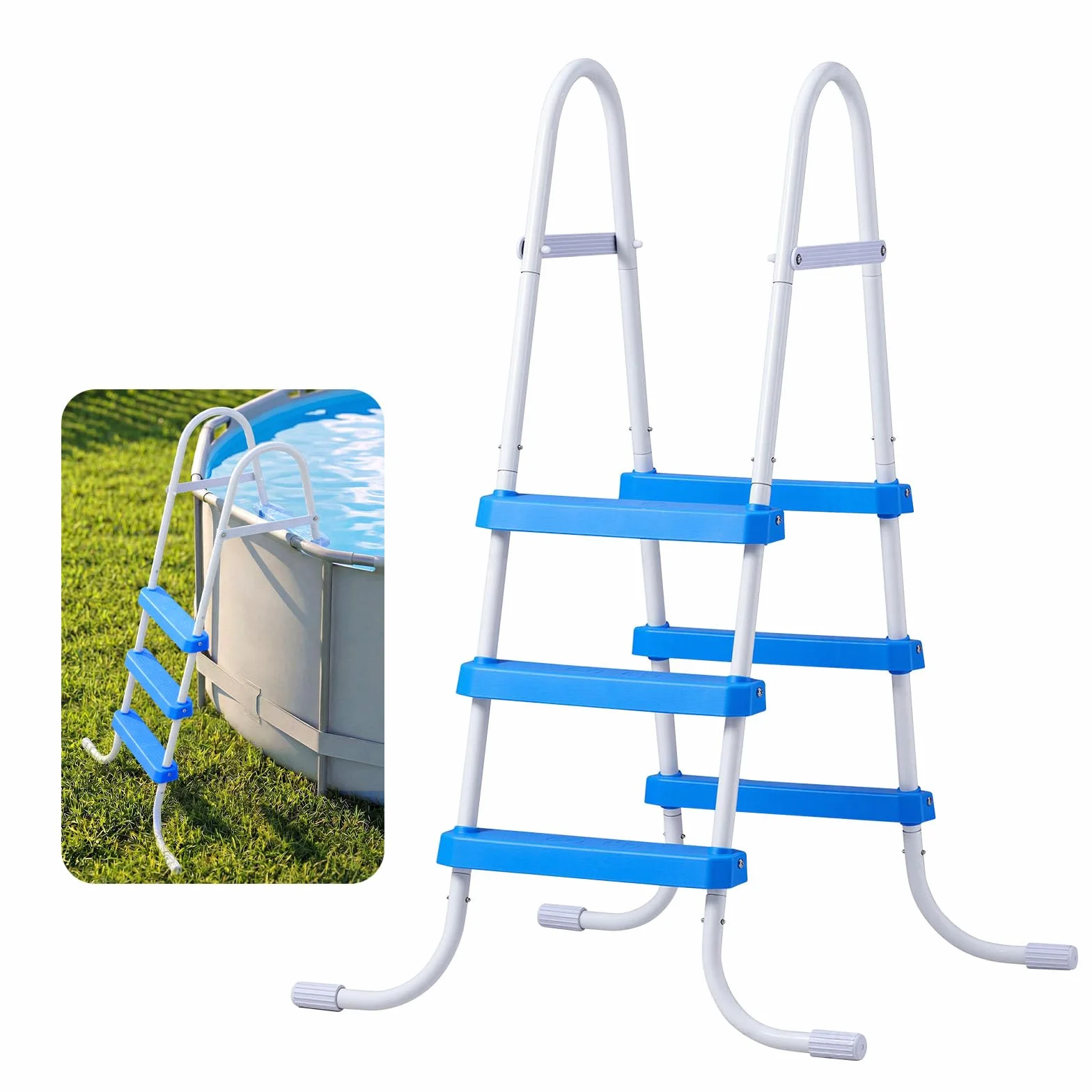 VEVOR Échelle de Piscine Hors Sol 91,4 cm Acier Carbone 3 Marches PP Antidérapantes Capacité Charge 136 kg Blanc Bleu