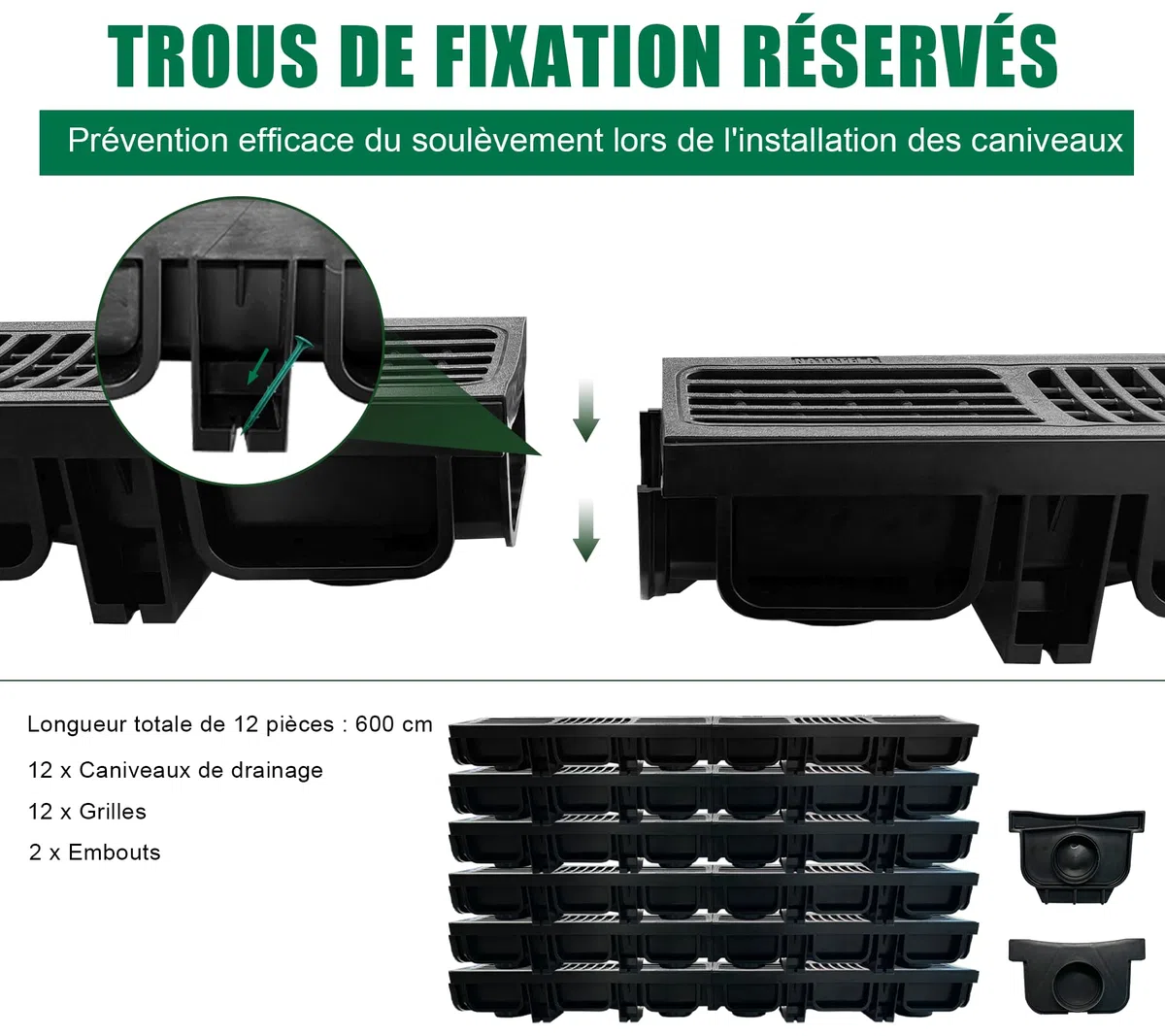 Lot de 12: 500x140x100 mm Caniveau Terrasse en PEHD Noir avec Grille, B125 caniveau extérieur de Drainage en PEHD, 6m, pour l'allée, Le Jardin, la terrasse, Le Garage, Le Cour