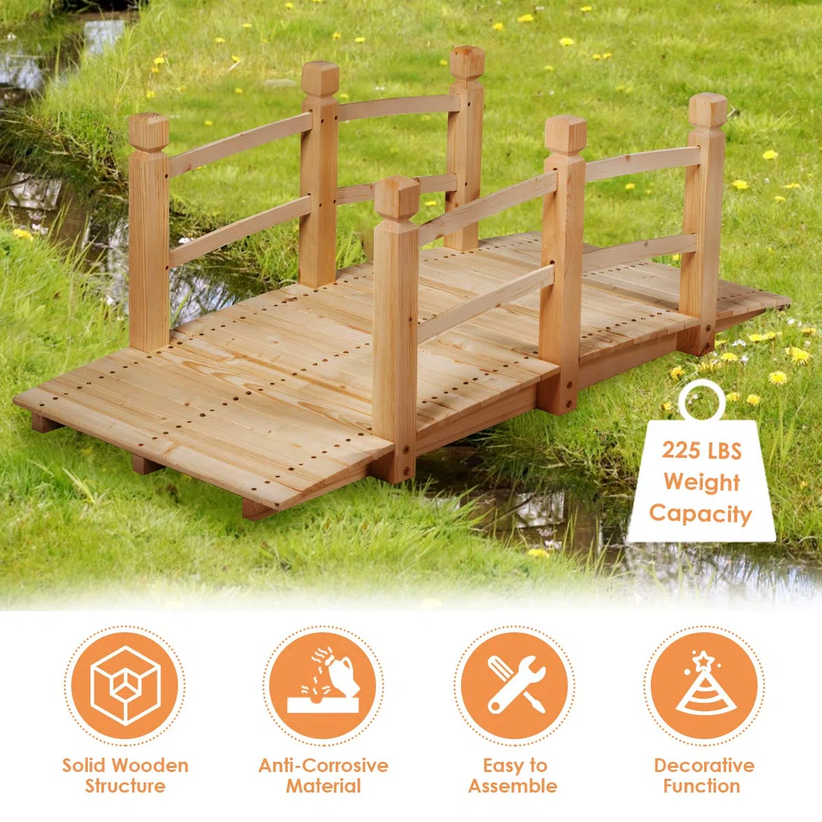 GIANTEX Pont de Jardin en Bois Carbonisé Pont de Bassin,Décoration Extérieure,Dimension 150x67x55CM Charge Max 100kg (Naturel)