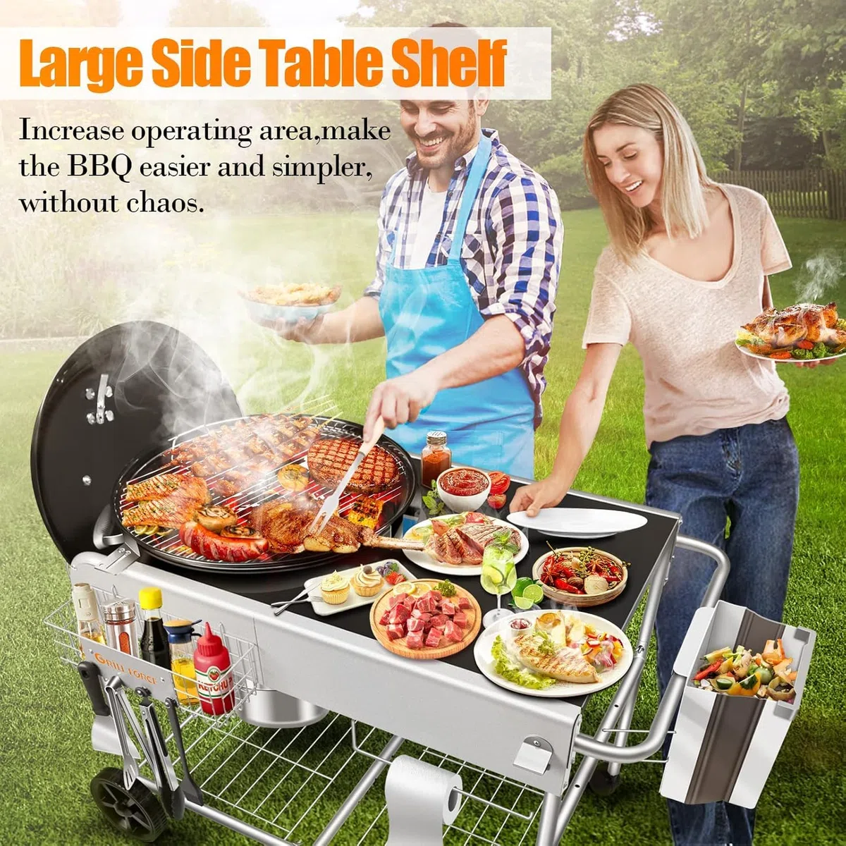 GFTIME Table de barbecue en acier inoxydable pour Weber Original Kettle, Premium, Master Touch, Jumbo Joe, barbecue au charbon de bois Performer avec support de couvercle
