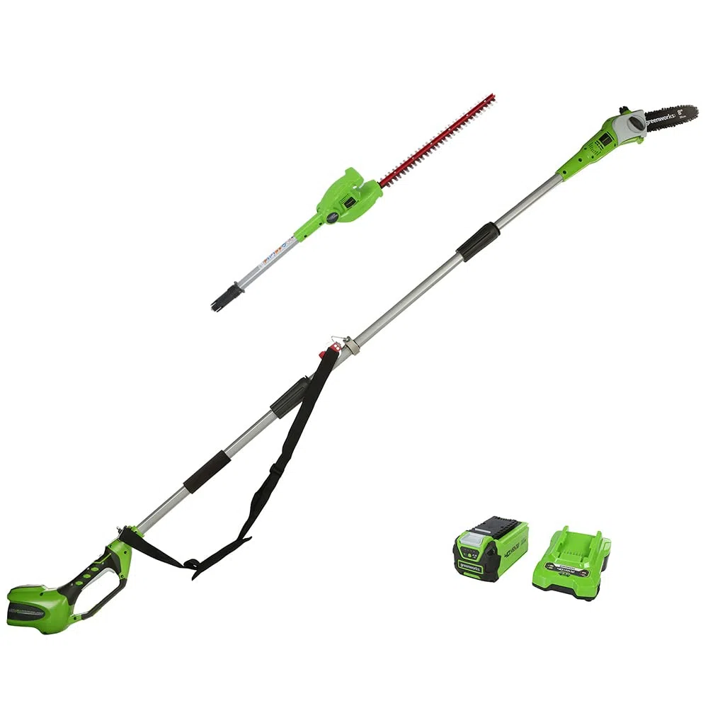 Greenworks G40PSHK2 Élagueuse et Taille Haie à Batterie sur Perche 2-en-1 avec Bandoulière, Guide Tronçonneuse 20 cm, Lames Double Action 51 cm, Batterie 40V 2Ah Chargeur, Garantie 3 Ans