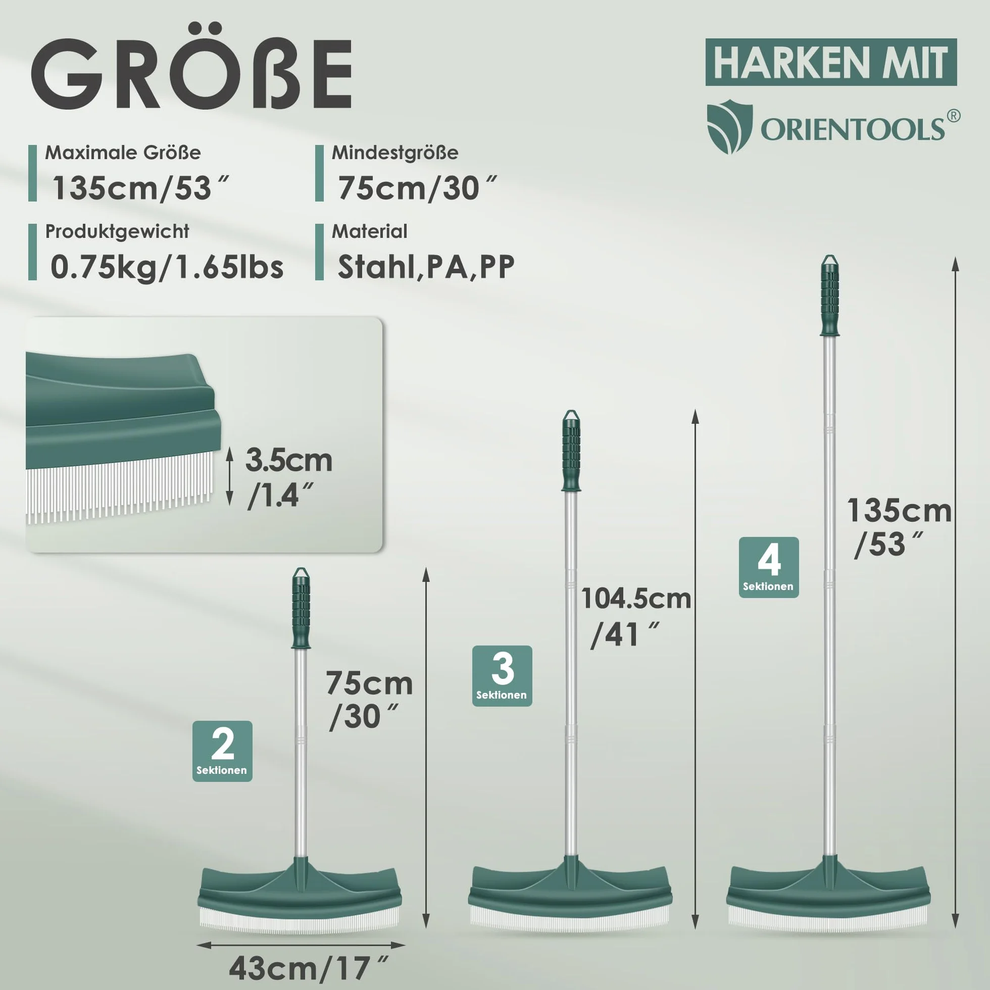 ORIENTOOLS Brosse à gazon artificiel, râteau incurvé pour gazon artificiel avec poignée en acier réglable de 80 à 134 cm, faux râteau avec brosse PA pour pelouses et ramasser les feuilles