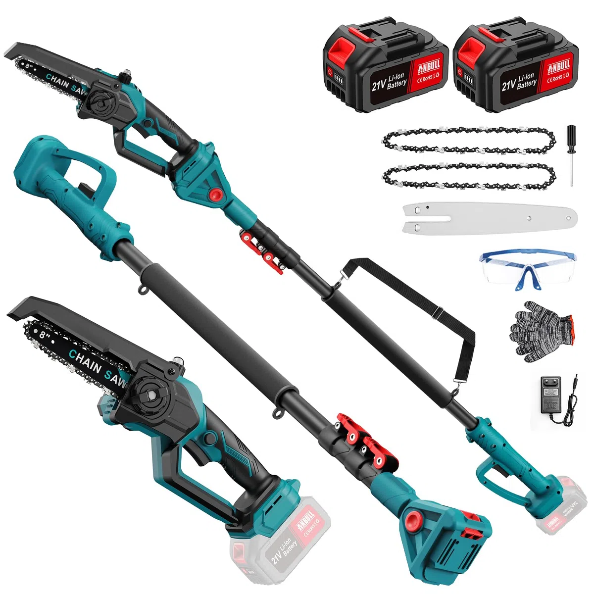 Anbull 2-en-1 Elagueuse Sur Perche Electrique, 8" Mini-Tronconneuse telescopique, 1200W Moteur Brushless, 2×4000 mAh Batteries, Portée 4,8 m, Idéale Pour Arbres Et Branches