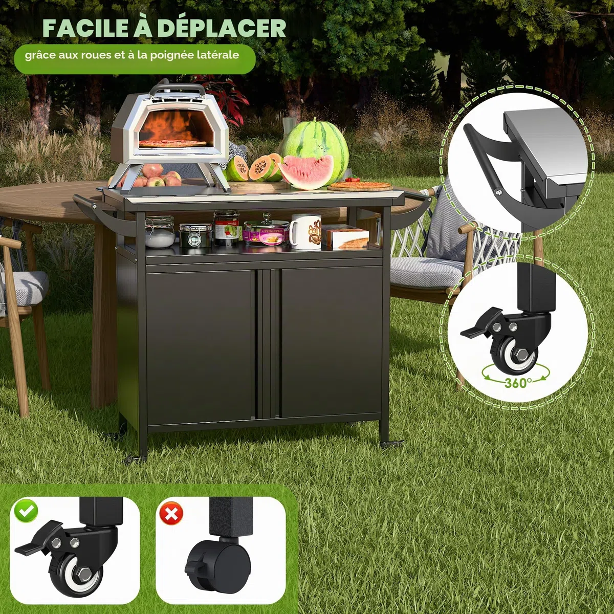 SUPEER Chariot de barbecue, table à pizza avec 4 roulettes, plateau de table en acier inoxydable 304, chariot pour barbecue, chariot de service d'extérieur, chariot de jardin