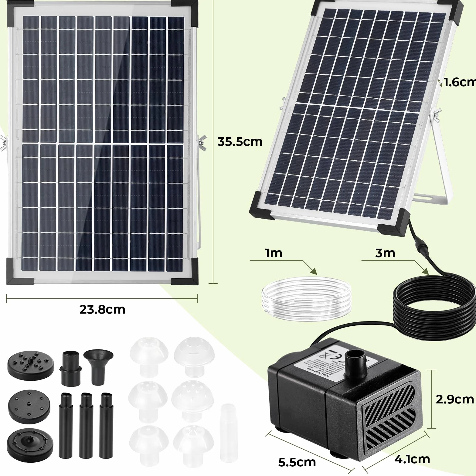 Clevich 10-12W Fontaine Solaire, Pompe à Eau Solaire, avec Tuyau d'eau de 1 m, Câble de 3,25 m, pour Bassins à Poissons, Petits Bassins, Cascades, Pots de Fleurs, Fontaines Décoratives