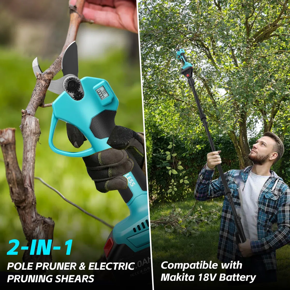 panthem Sécateur de jardin télescopique à batterie 2 en 1, compatible avec Makita 18 V, charge maximale jusqu'à 4,1 m, ouverture de coupe 43 mm, moteur sans balais avec 2 batteries de 4000 mAh