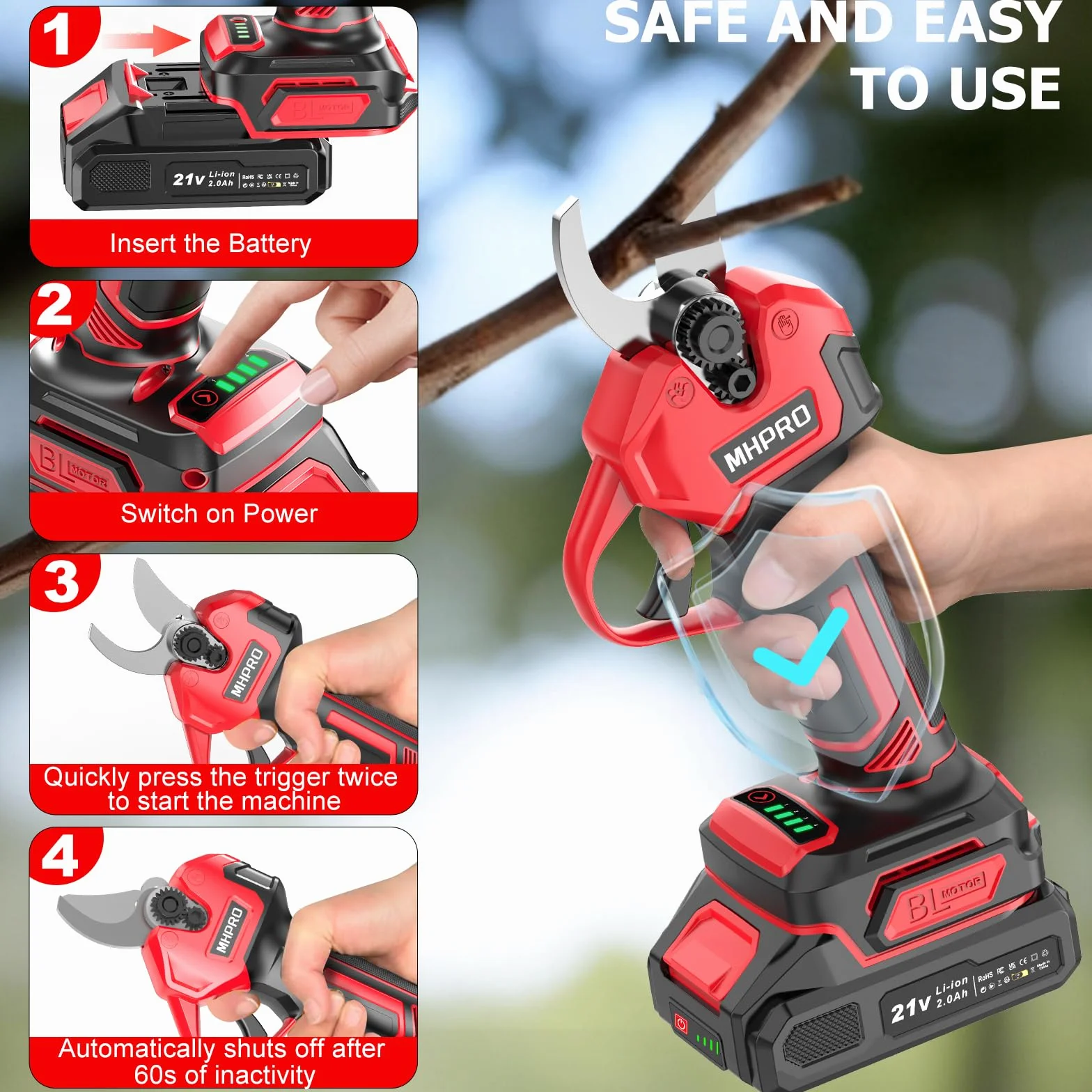 Sécateur Électrique Sans fil, MHPRO 30mm Secateur Electrique avec 2 Batteries de 2000mAh et Écran LCD, Secateur a Batterie Moteur Sans Balais Pour la Taille, Le Jardinage, Les Arbres Fruitiers.