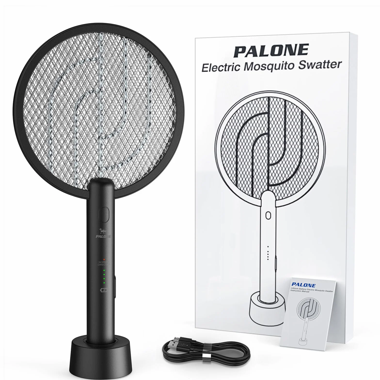 PALONE Raquette Electrique Insectes 4000V Anti Moustiques avec Base de Charge et UV, Tapette à Mouches Haute Efficacité Intérieur Extérieur, Grille Sécurité 3 Couches Noir
