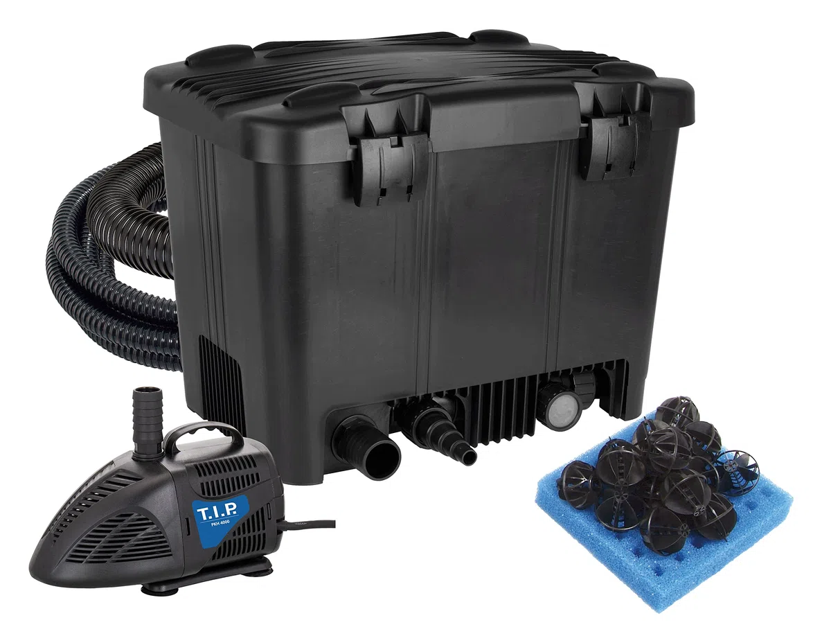 T.I.P. WDF 20000 UV 11 Filtre de Bassin Extérieur jusqu'à 20000 l Technologie UV-C 18 W Wet-and-Dry avec Différents Niveaux d'Efficacité Système Complet et Pompe Vortex de 50 W Couleur Noir