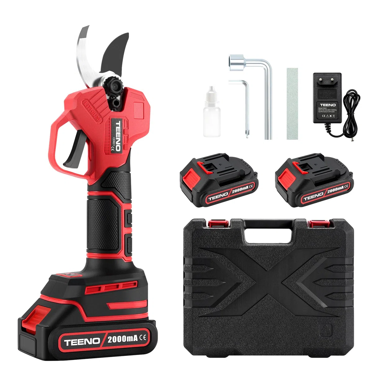 TEENO Sécateur Électrique Sans Fil Brushless 30mm avec écran,2000mAh Batterie,Sécateur Professionnel Lame Convient Pour Les Jardins,Les Branches (deux batterie)