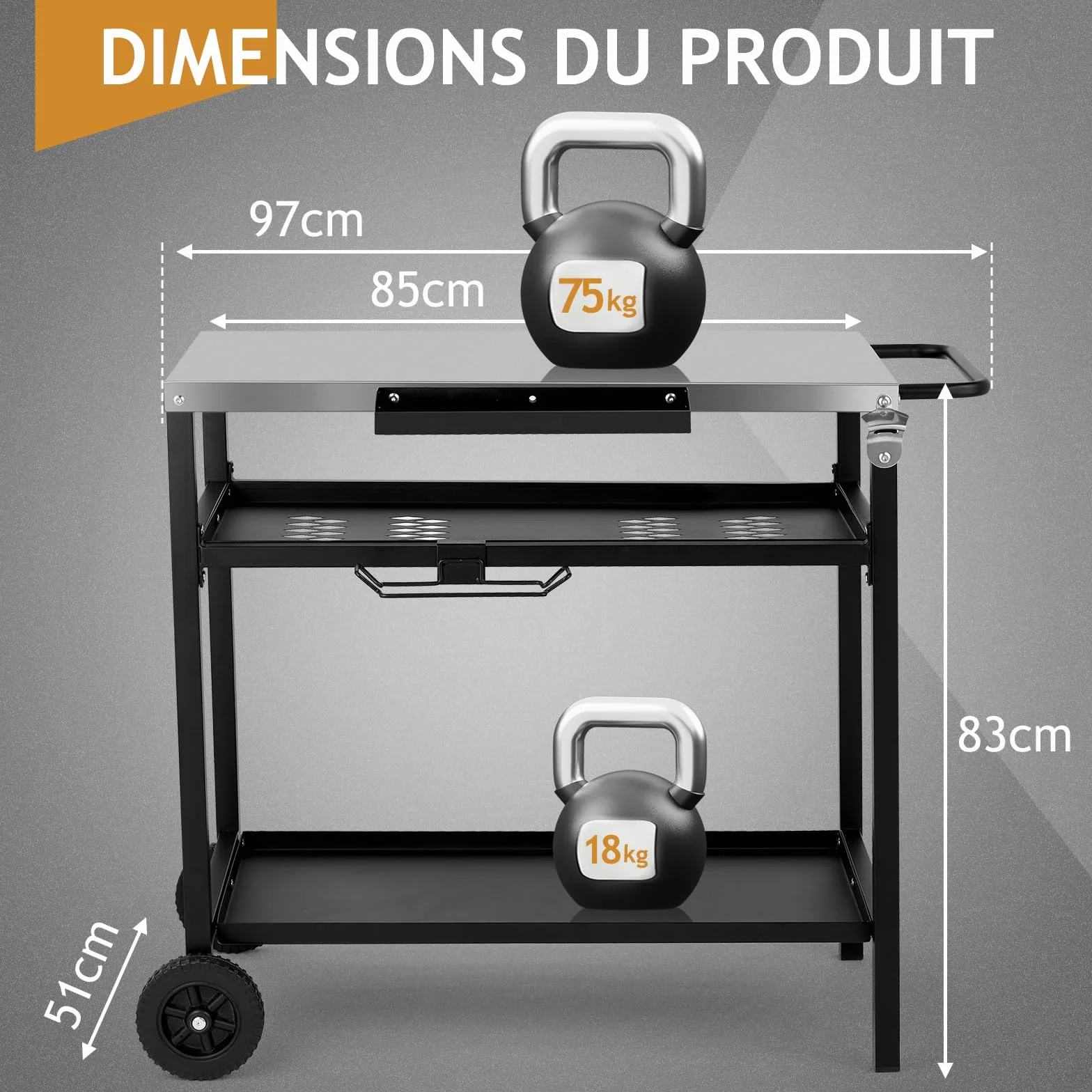 LEADZM Dessertes de Jardin, Chariot de Barbecue Mobile à 3 Niveaux, 97 x 51 x 83 cm, Établi en Acier Inoxydable argenté - desserte Exterieur, Panier avec Filet, Noir