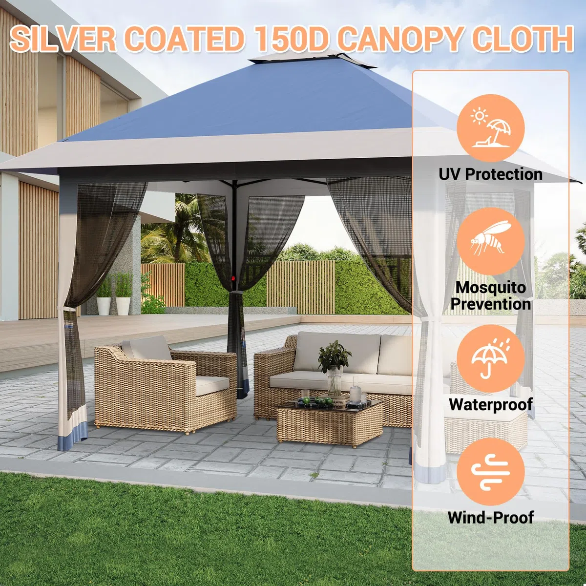Garvee Tonnelle De Jardin 3,96x3,96m Pop-Up avec Moustiquaire – Toit Double Imperméable & Anti-UV – Hauteur Réglable – Abri Résistant pour Terrasse, Jardin, Patio, Camping – Sac De Transport Inclus