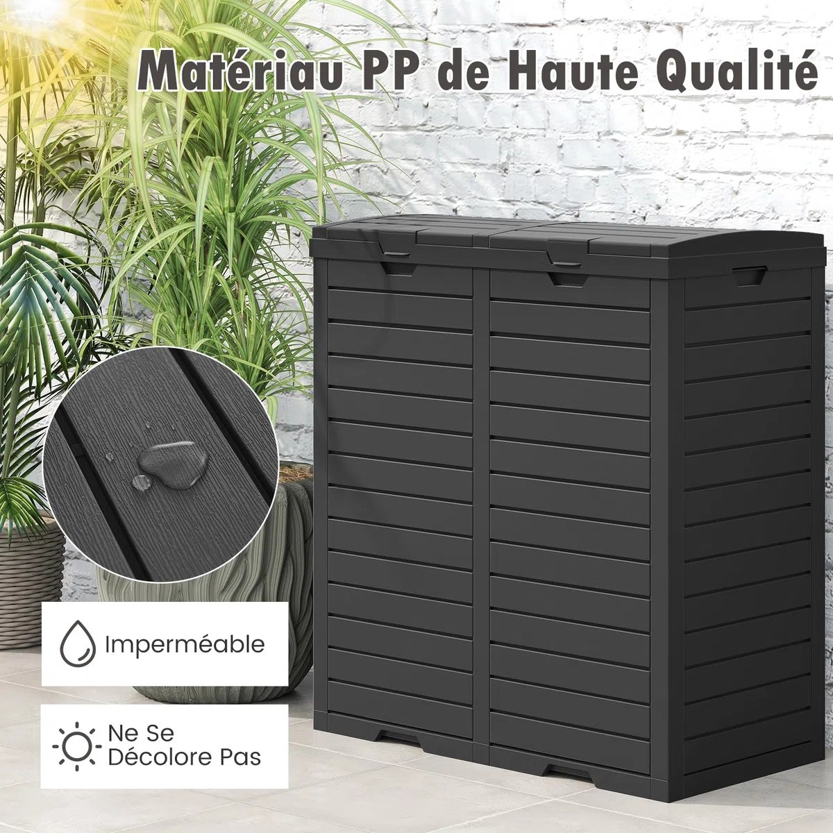 GOPLUS Poubelle Jarin Extérieure à Double Bac 236 L, Bac à Ordures Extérieur pour Déchets, Poubelle de Tri Terrasse Extérieure Intérieure avec Plusieurs Couvercles (Noir,236L|77x40x86CM)