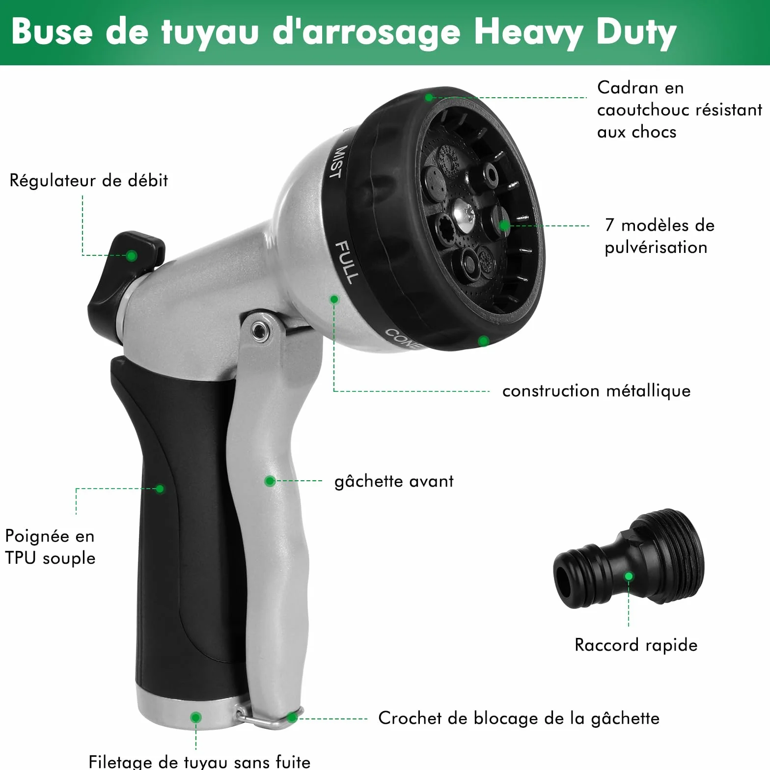 RESTMO Pistolet d'arrosage de Jardin Métal Pulvérisateur de Tuyau 7 Modèles Débit d'eau Réglable Noir