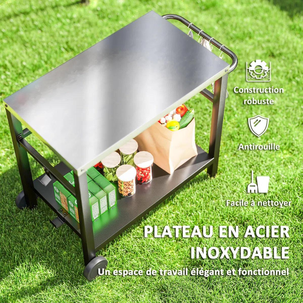 Outsunny Desserte plancha extérieure avec Plan de Travail en Acier Inoxydable, Chariot de Barbecue avec étagère, desserte de Jardin avec Crochets, Porte-Serviettes, 2 Roues, 102x50x81cm, Gris Charbon