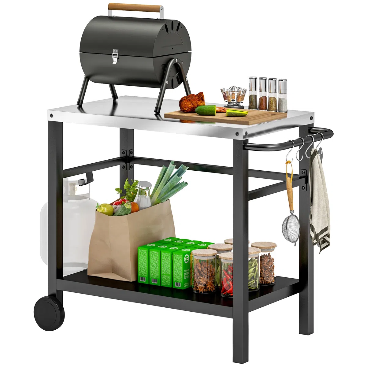 Outsunny Desserte plancha extérieure avec Plan de Travail en Acier Inoxydable, Chariot de Barbecue avec étagère, desserte de Jardin avec Crochets, Porte-Serviettes, 2 Roues, 102x50x81cm, Gris Charbon