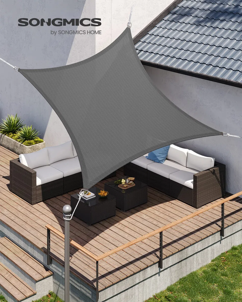 SONGMICS Voile d’Ombrage 4 x 4 m, Protection Solaire en Tissu HDPE, Respirant, Perméable à l’Eau, pour Terrasse, Jardin, Balcon, Camping, Carré, Concave, Cordes de 2 m, Gris Anthracite GSS44GY