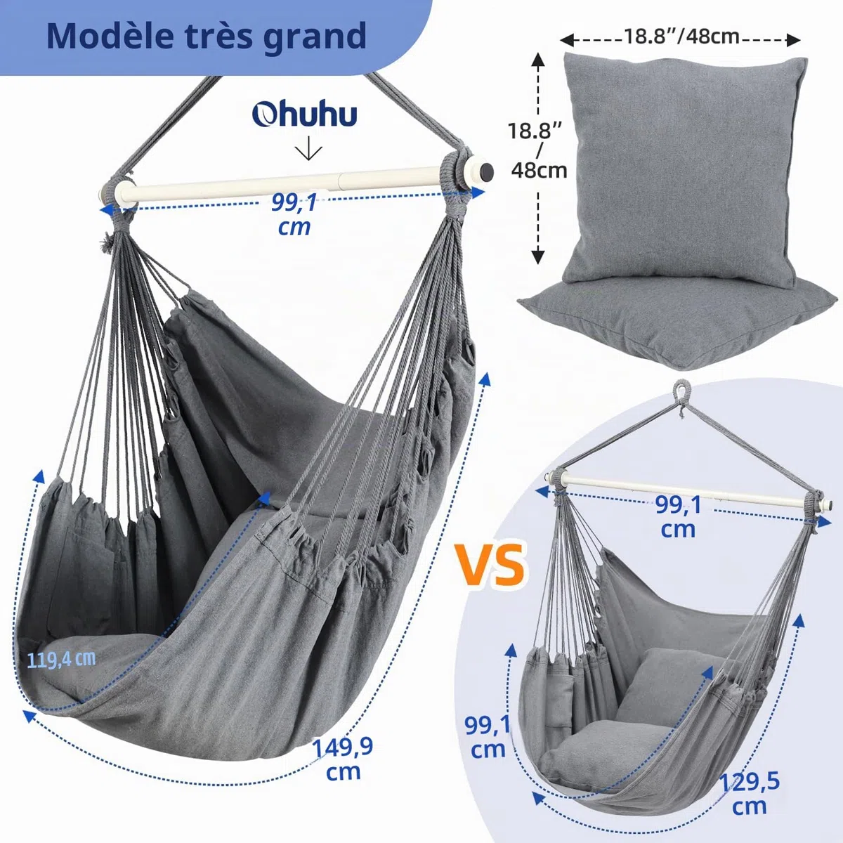 Ohuhu Fauteuil Suspendu Exterieur avec 2 Coussins, Chaise Suspendue Balançoire de Relaxation, Fauteuil Suspendu Interieur Adapté à Tout Décor, Chaise Suspendue Facile à Assembler, Gris