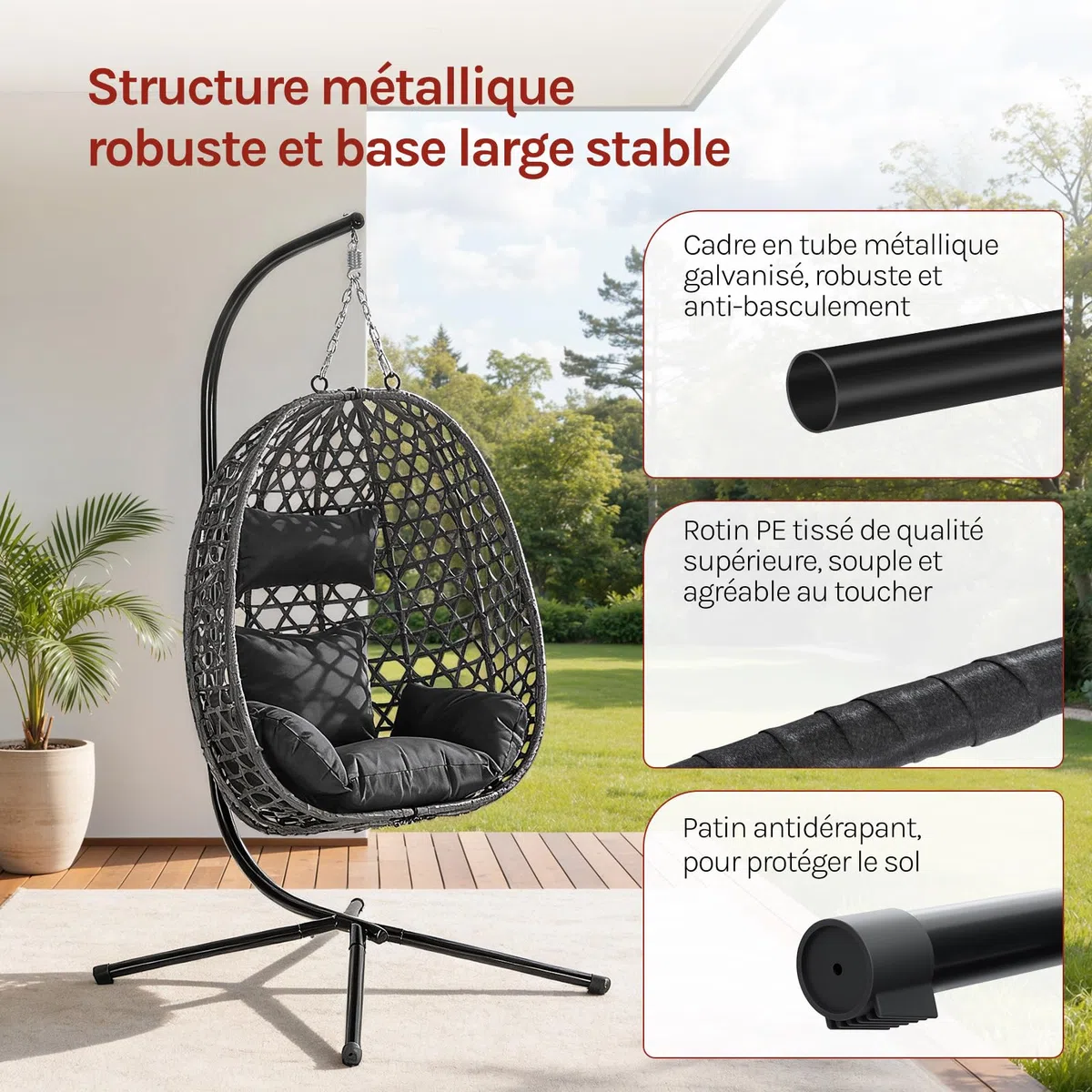 WOLTU Fauteuil Œuf Suspendu, Chaise Hamac Balançoire, avec Support en Métal, Coussin de Siège et Appui-tête, Charge 150 kg, Rotin PE, pour Jardin, Balcon, Terrasse, 102x100x196cm, Noir
