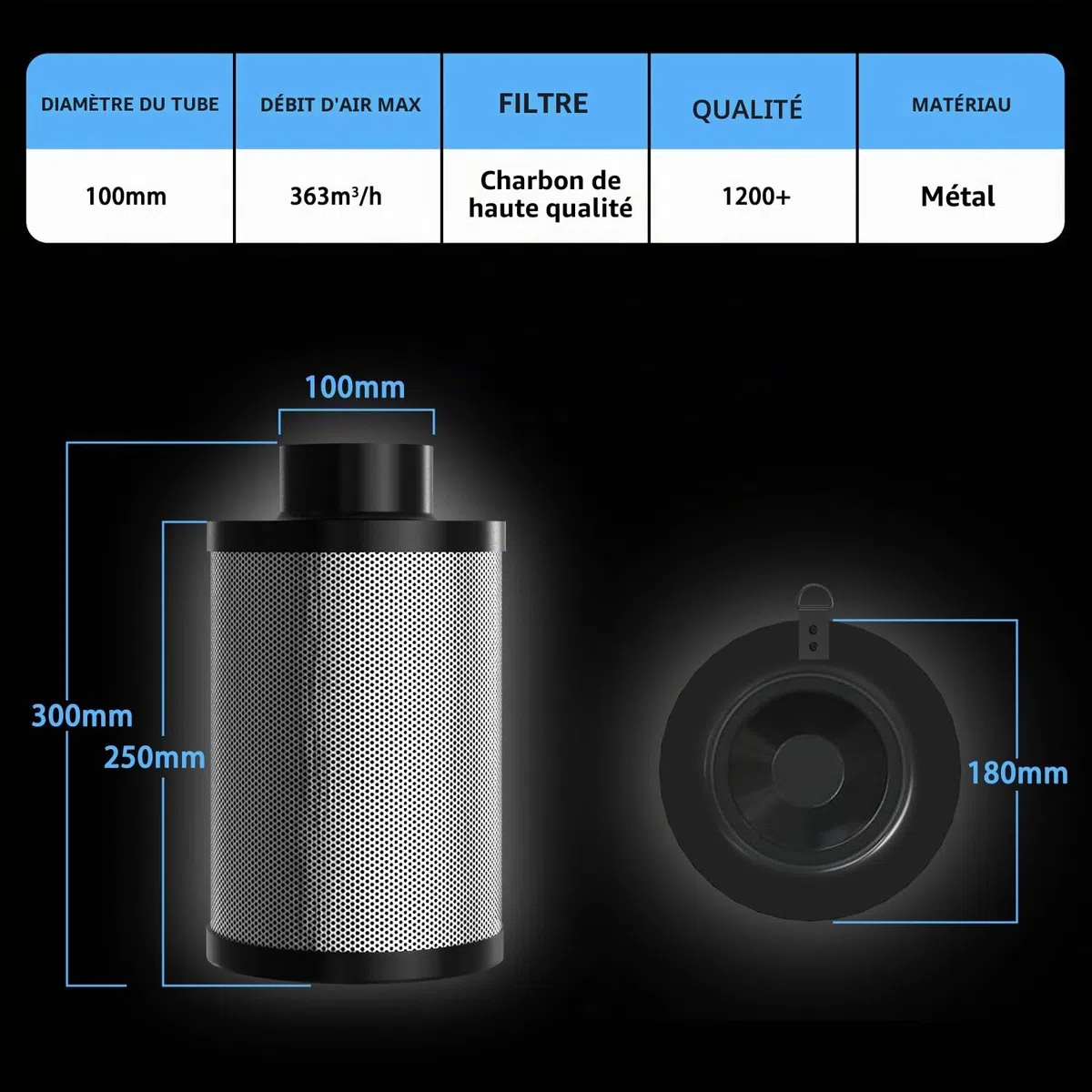 Aygrochy Filtre à charbon 100 mm pour Tentes de Culture, Filtre à air, filtre à carbone avec Premium Australia Virgin Charcoal pour Tentes de Culture, Filtration de L'air, Hydroculture 365 m³/h